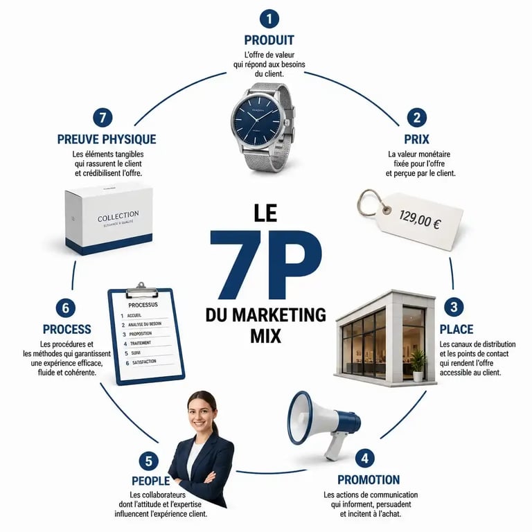 Infographie des 7P du marketing mix pour redéfinir son positionnement commercial