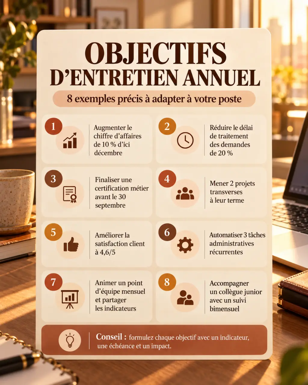 Objectifs d’entretien annuel : 8 exemples précis à adapter à votre poste