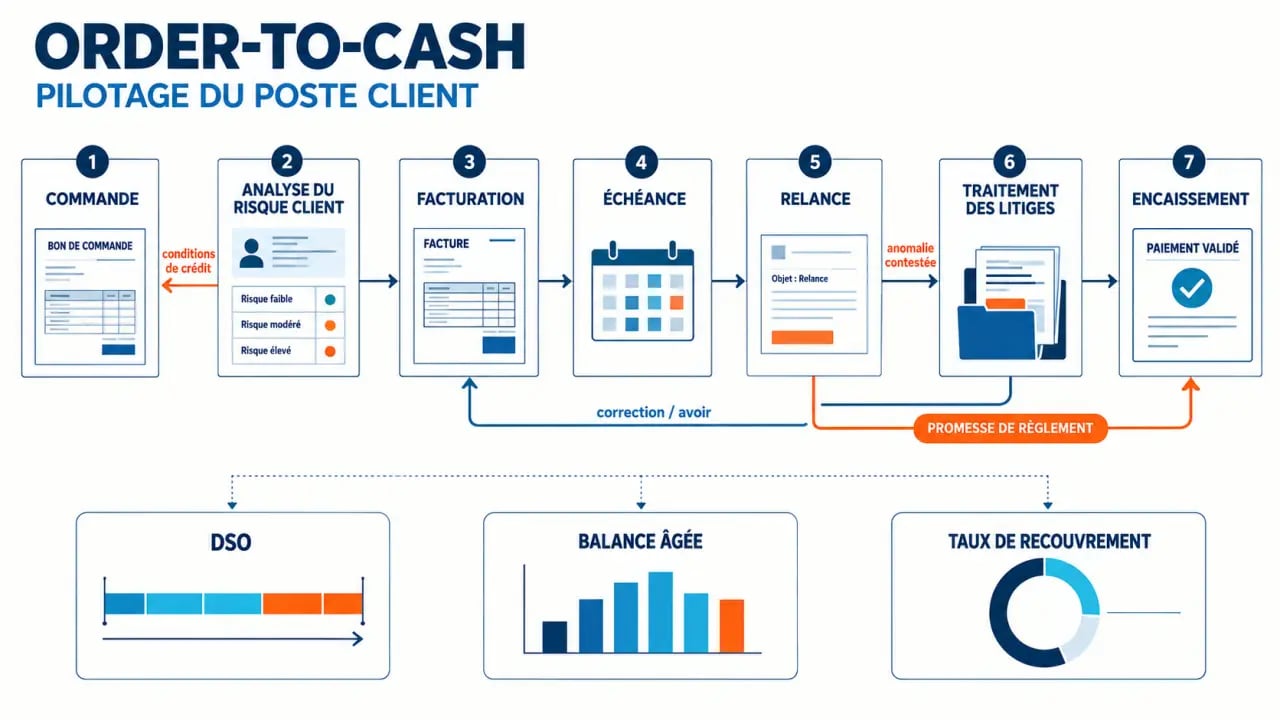Infographie du pilotage poste client et du processus Order-to-Cash