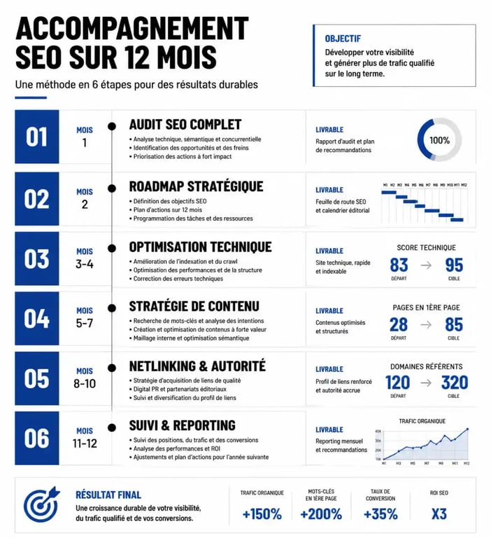Infographie des étapes d'un accompagnement SEO pour une stratégie de visibilité durable
