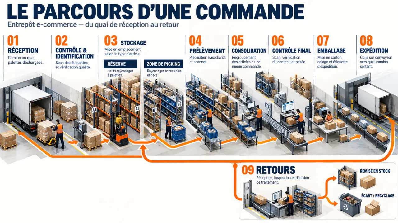 Infographie du parcours d’une commande dans un entrepôt e-commerce, de la réception au traitement des retours