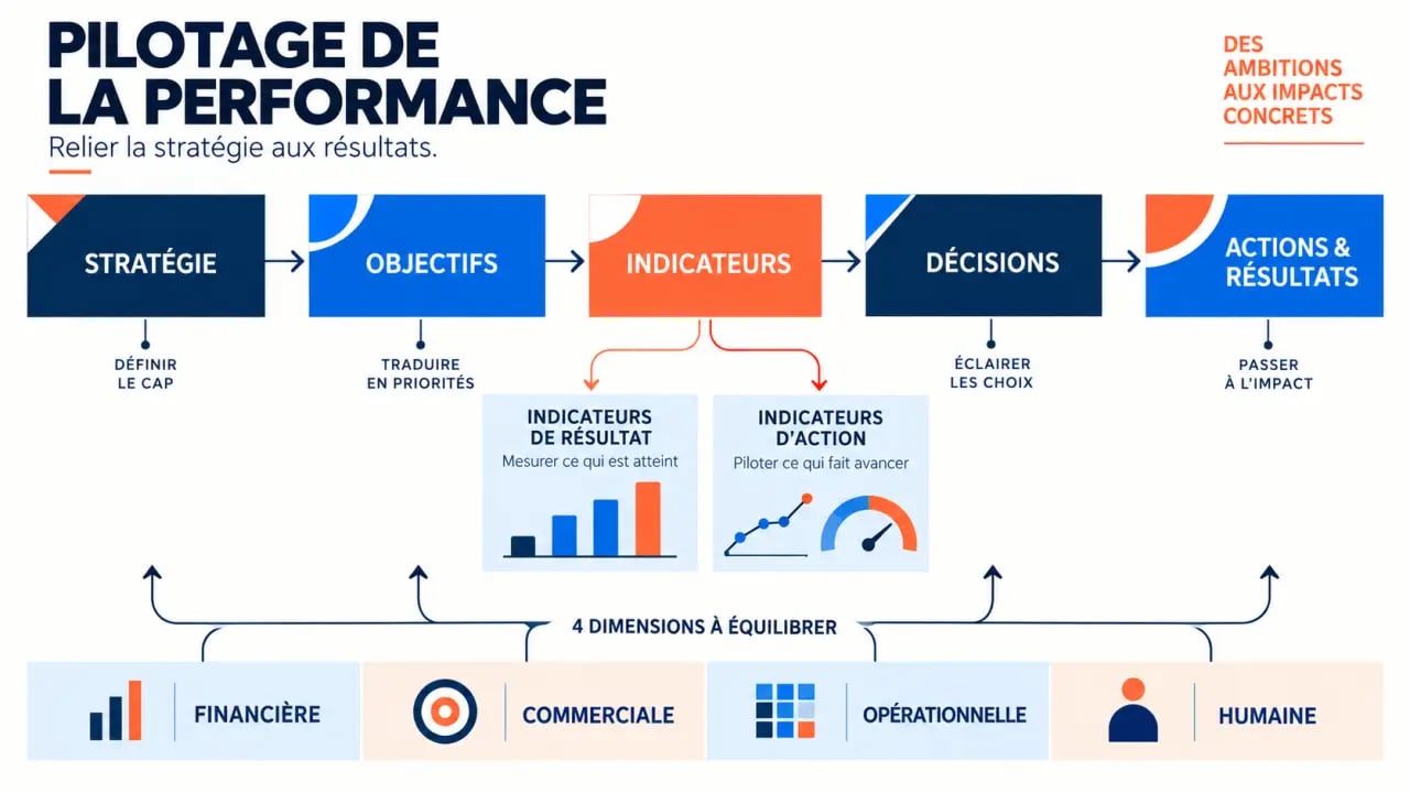 Infographie sur le pilotage de la performance reliant stratégie, indicateurs, décisions et actions