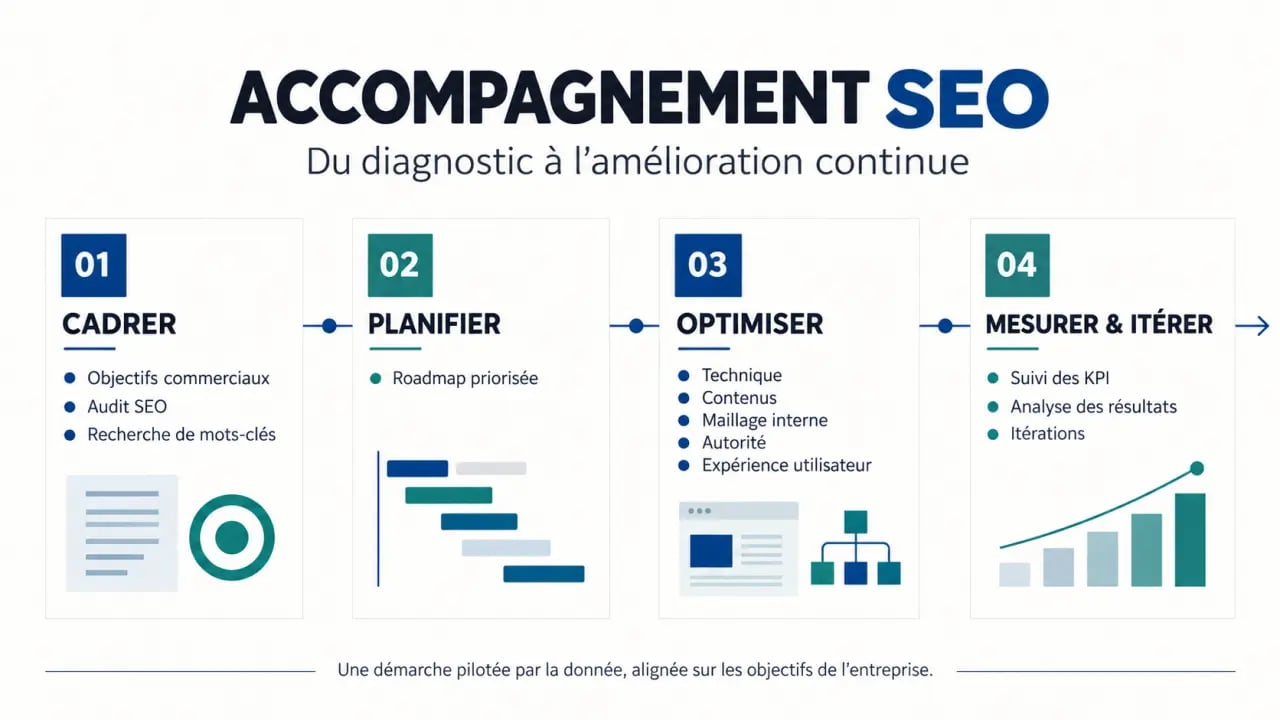 Infographie du processus d’accompagnement référencement naturel, de l’audit SEO au suivi des résultats