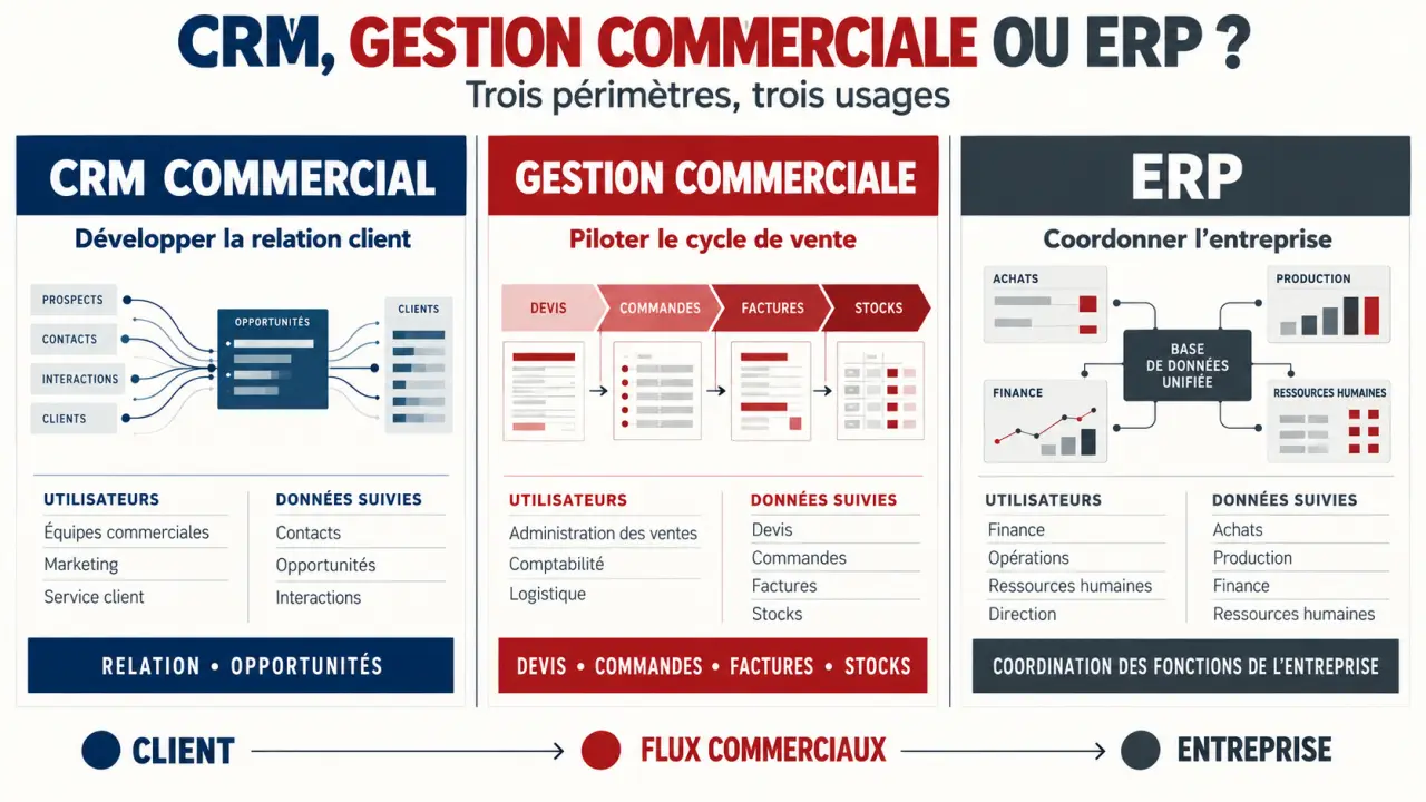 Comparatif visuel d’un CRM gestion commerciale, d’un logiciel de gestion commerciale et d’un ERP