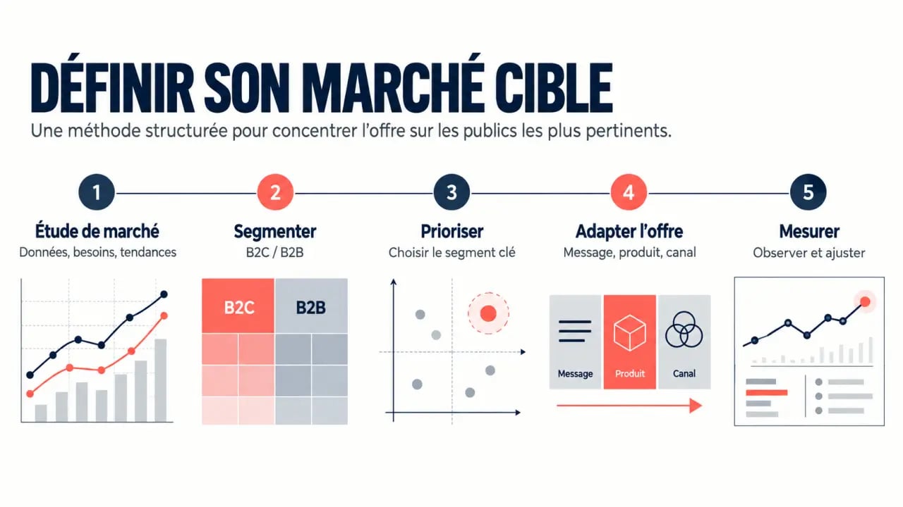 Schéma du processus de définition d’un marché cible, de la segmentation à la mesure des résultats
