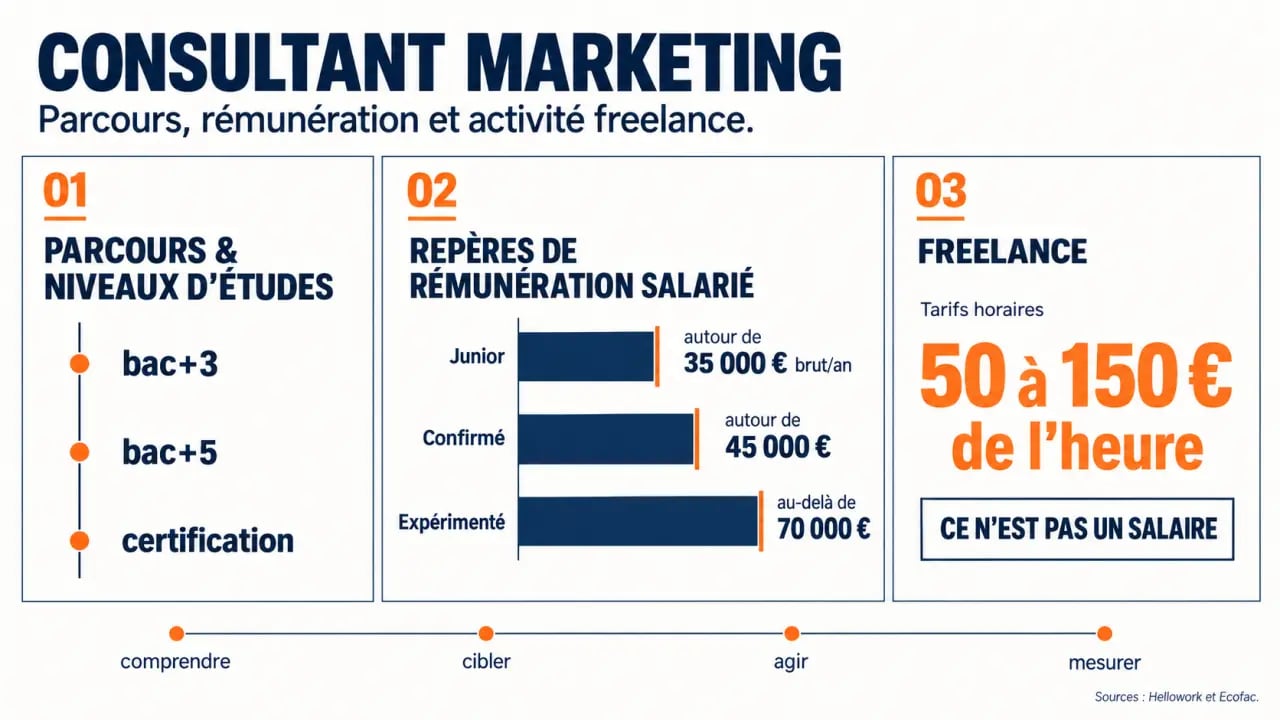 Infographie sur le métier de consultant marketing, formations, missions et repères de rémunération