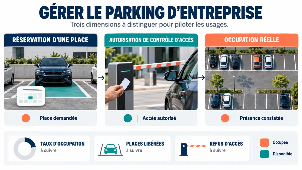 Infographie sur la gestion parking entreprise distinguant réservation, contrôle d’accès et taux d’occupation